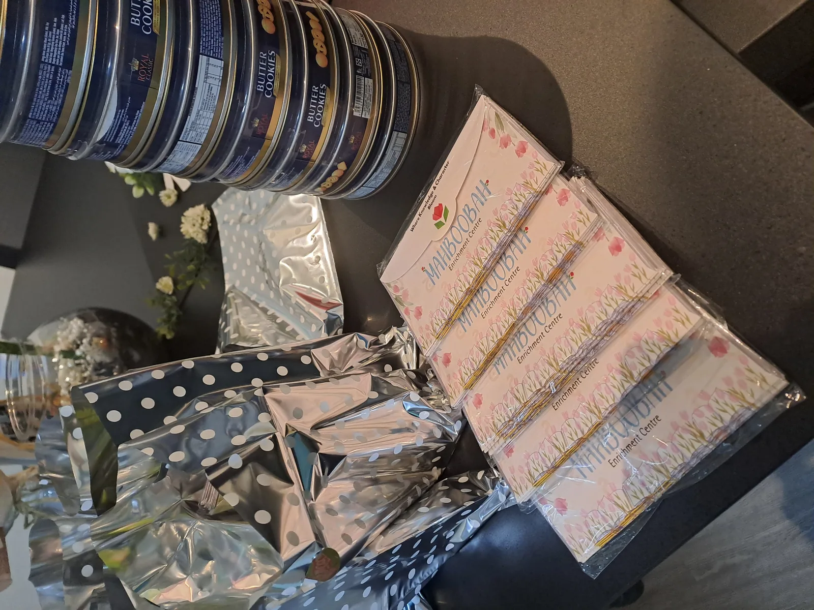 Gift bags, cookie tins, and Mahboobah cards for families