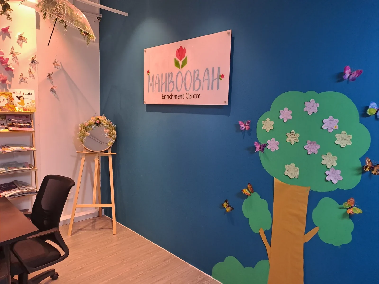 The Mahboobah name on the wall, beside the paper tree